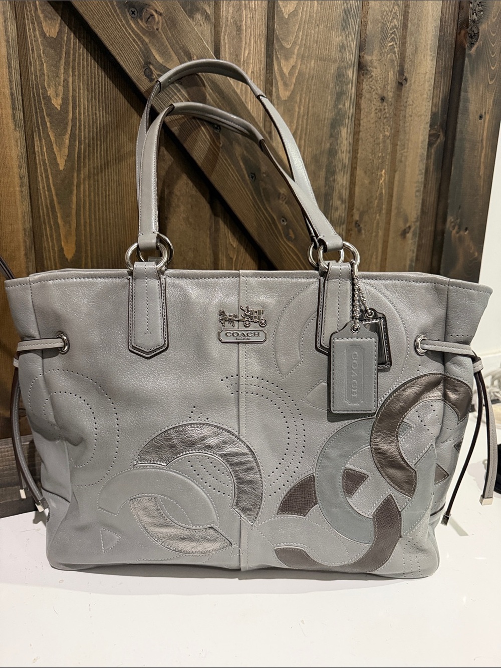 Coach Chelsea Inlaid Gray Leather Charlie Double Handles Zipper Tote Bag